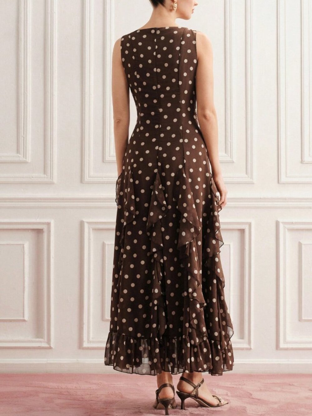 Coffee Elegant Women's Waist Cinched Ruffle Hem polka dot Slim Fit Dress - Picture 3 of 7